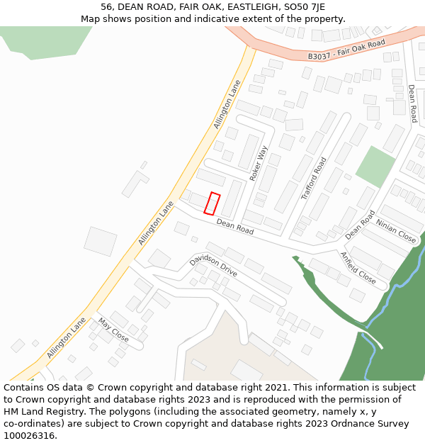 56, DEAN ROAD, FAIR OAK, EASTLEIGH, SO50 7JE: Location map and indicative extent of plot