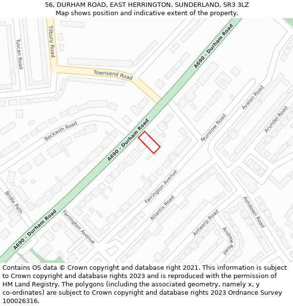 56, DURHAM ROAD, EAST HERRINGTON, SUNDERLAND, SR3 3LZ: Location map and indicative extent of plot