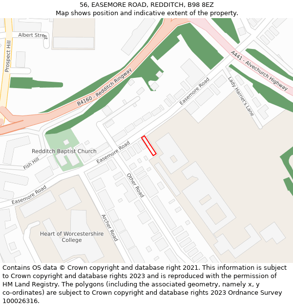 56, EASEMORE ROAD, REDDITCH, B98 8EZ: Location map and indicative extent of plot