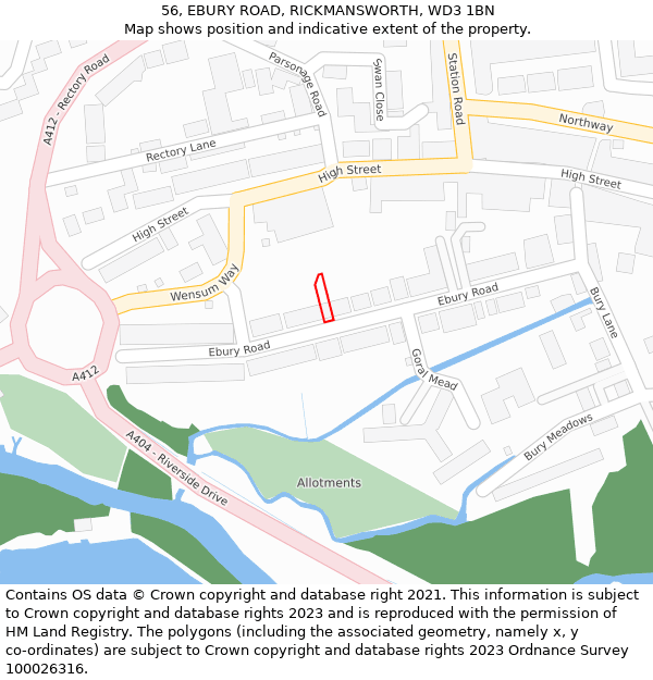 56, EBURY ROAD, RICKMANSWORTH, WD3 1BN: Location map and indicative extent of plot