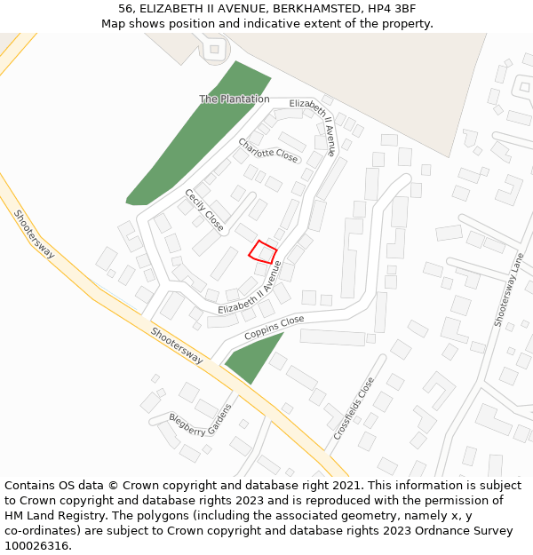 56, ELIZABETH II AVENUE, BERKHAMSTED, HP4 3BF: Location map and indicative extent of plot