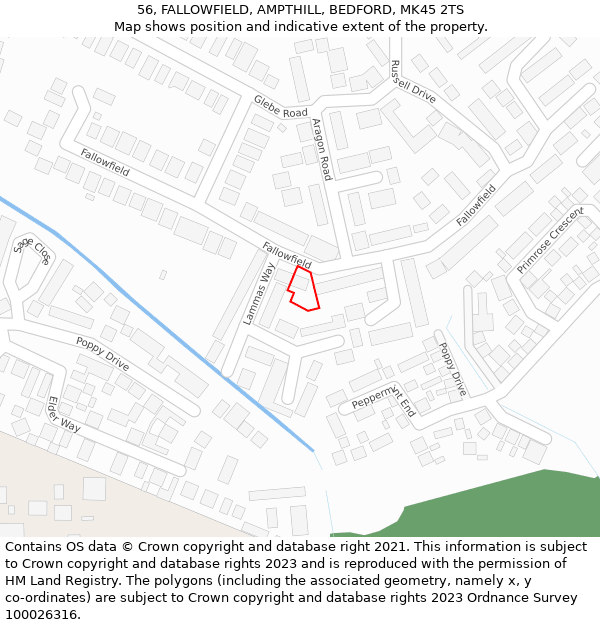 56, FALLOWFIELD, AMPTHILL, BEDFORD, MK45 2TS: Location map and indicative extent of plot