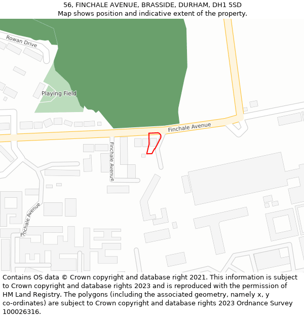 56, FINCHALE AVENUE, BRASSIDE, DURHAM, DH1 5SD: Location map and indicative extent of plot