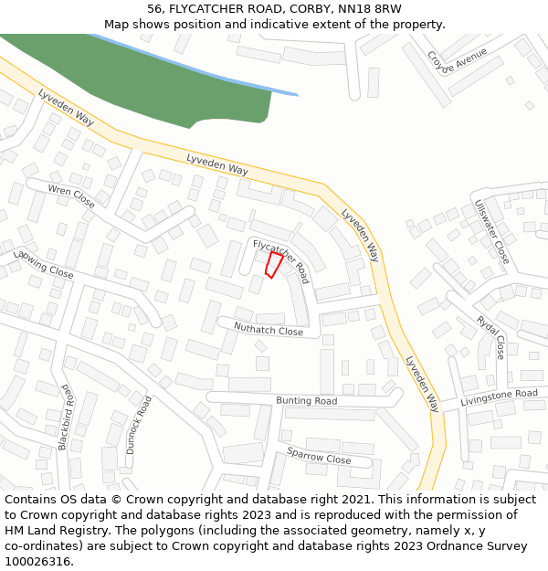 56, FLYCATCHER ROAD, CORBY, NN18 8RW: Location map and indicative extent of plot