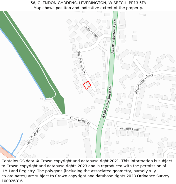 56, GLENDON GARDENS, LEVERINGTON, WISBECH, PE13 5FA: Location map and indicative extent of plot