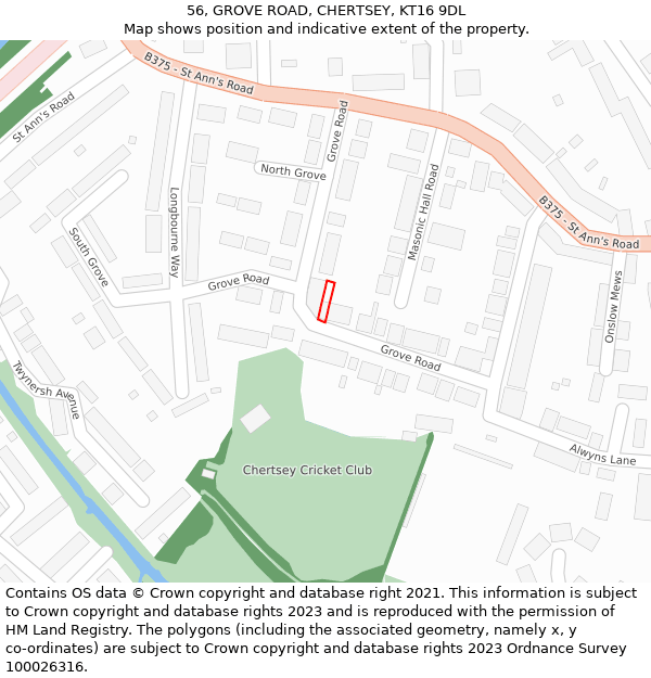 56, GROVE ROAD, CHERTSEY, KT16 9DL: Location map and indicative extent of plot