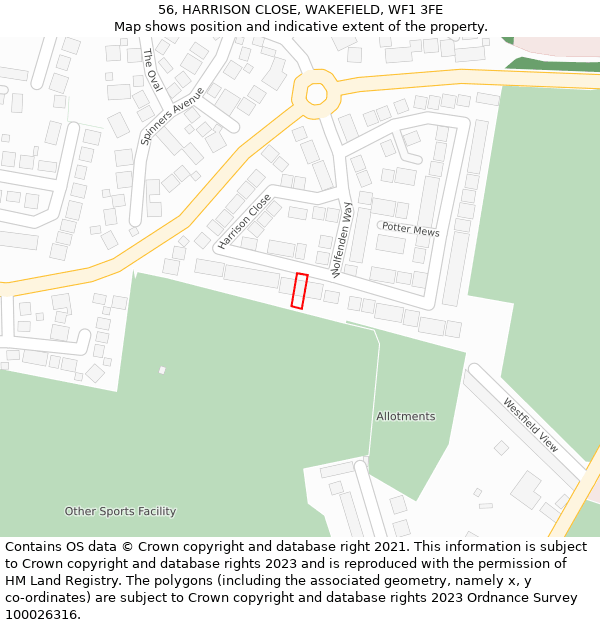 56, HARRISON CLOSE, WAKEFIELD, WF1 3FE: Location map and indicative extent of plot