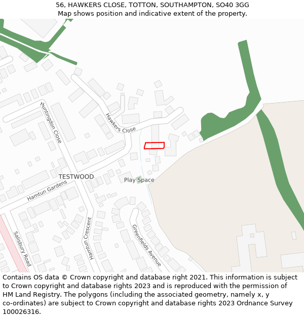 56, HAWKERS CLOSE, TOTTON, SOUTHAMPTON, SO40 3GG: Location map and indicative extent of plot