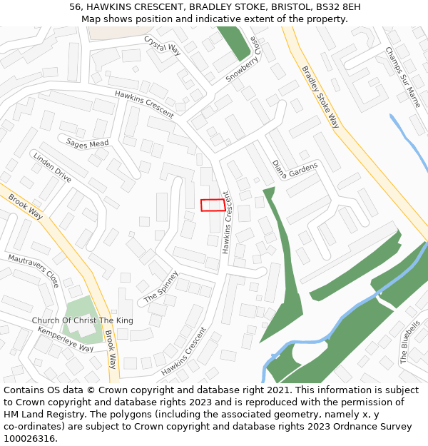 56, HAWKINS CRESCENT, BRADLEY STOKE, BRISTOL, BS32 8EH: Location map and indicative extent of plot