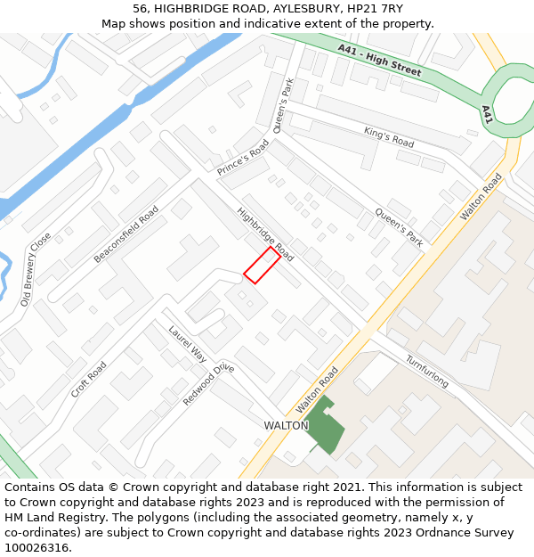 56, HIGHBRIDGE ROAD, AYLESBURY, HP21 7RY: Location map and indicative extent of plot