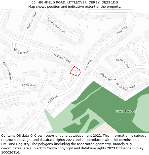 56, HIGHFIELD ROAD, LITTLEOVER, DERBY, DE23 1DG: Location map and indicative extent of plot