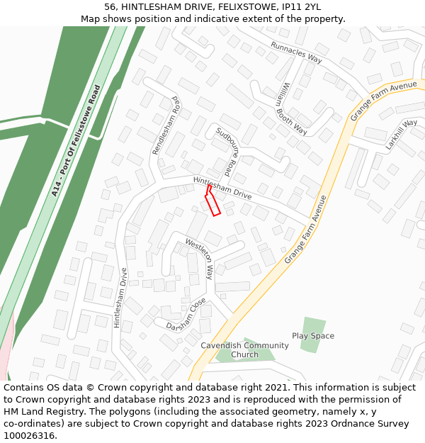 56, HINTLESHAM DRIVE, FELIXSTOWE, IP11 2YL: Location map and indicative extent of plot