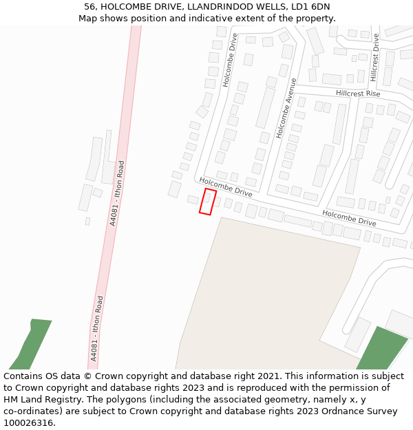 56, HOLCOMBE DRIVE, LLANDRINDOD WELLS, LD1 6DN: Location map and indicative extent of plot
