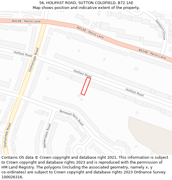 56, HOLIFAST ROAD, SUTTON COLDFIELD, B72 1AE: Location map and indicative extent of plot