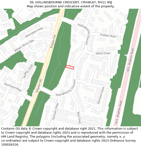 56, HOLLINGBOURNE CRESCENT, CRAWLEY, RH11 9QJ: Location map and indicative extent of plot
