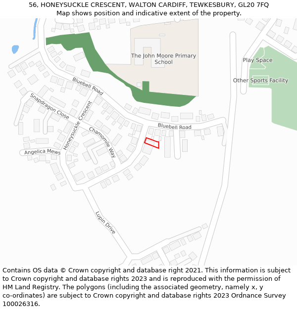 56, HONEYSUCKLE CRESCENT, WALTON CARDIFF, TEWKESBURY, GL20 7FQ: Location map and indicative extent of plot