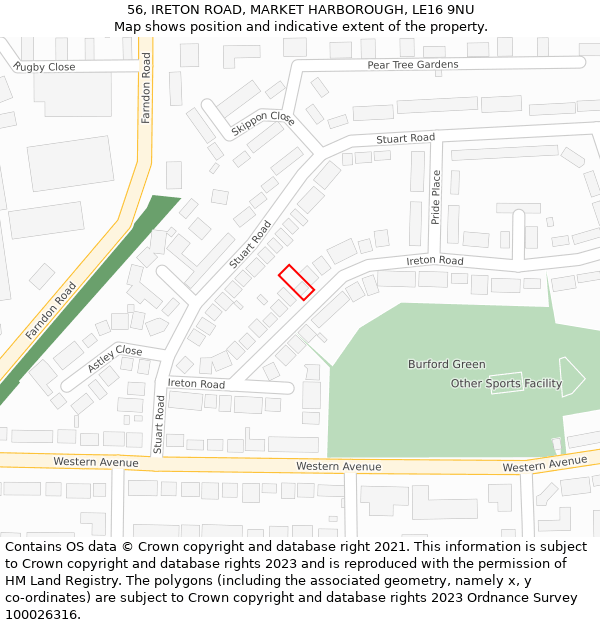 56, IRETON ROAD, MARKET HARBOROUGH, LE16 9NU: Location map and indicative extent of plot
