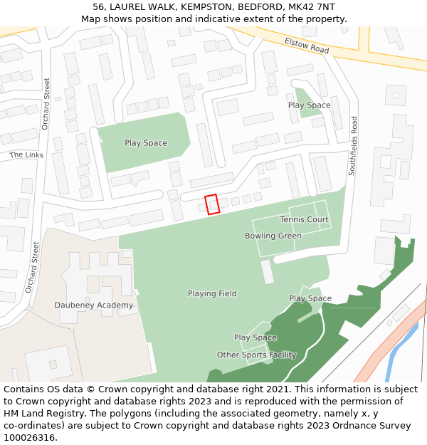 56, LAUREL WALK, KEMPSTON, BEDFORD, MK42 7NT: Location map and indicative extent of plot