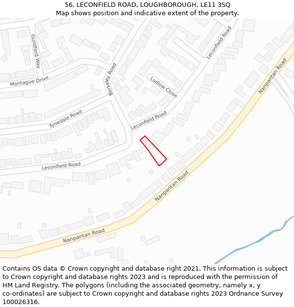 56, LECONFIELD ROAD, LOUGHBOROUGH, LE11 3SQ: Location map and indicative extent of plot