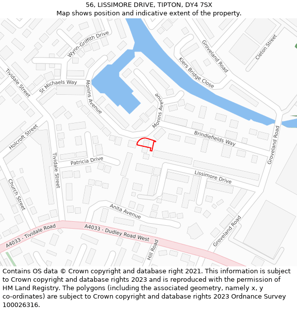 56, LISSIMORE DRIVE, TIPTON, DY4 7SX: Location map and indicative extent of plot