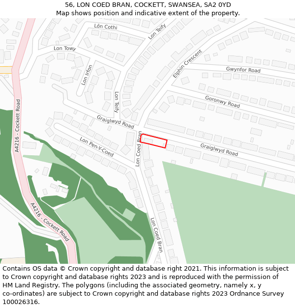 56, LON COED BRAN, COCKETT, SWANSEA, SA2 0YD: Location map and indicative extent of plot