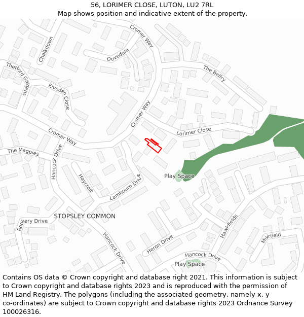 56, LORIMER CLOSE, LUTON, LU2 7RL: Location map and indicative extent of plot