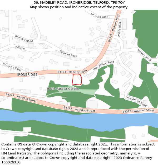 56, MADELEY ROAD, IRONBRIDGE, TELFORD, TF8 7QY: Location map and indicative extent of plot