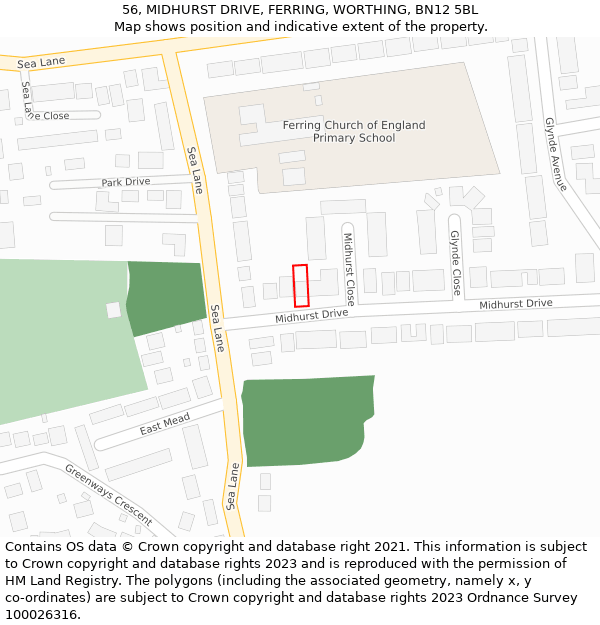 56, MIDHURST DRIVE, FERRING, WORTHING, BN12 5BL: Location map and indicative extent of plot