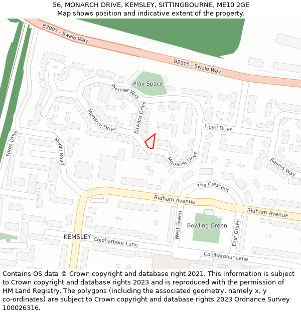 56, MONARCH DRIVE, KEMSLEY, SITTINGBOURNE, ME10 2GE: Location map and indicative extent of plot