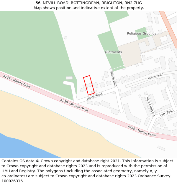 56, NEVILL ROAD, ROTTINGDEAN, BRIGHTON, BN2 7HG: Location map and indicative extent of plot