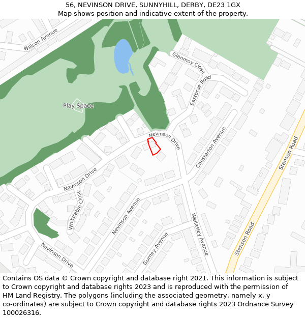 56, NEVINSON DRIVE, SUNNYHILL, DERBY, DE23 1GX: Location map and indicative extent of plot