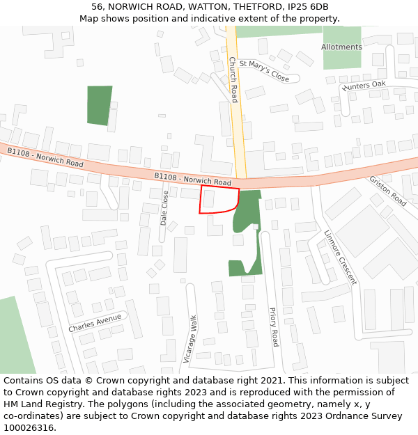 56, NORWICH ROAD, WATTON, THETFORD, IP25 6DB: Location map and indicative extent of plot