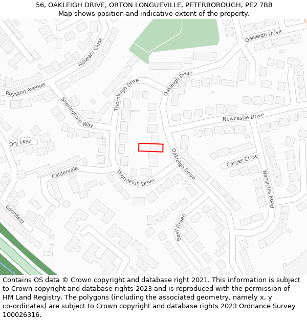 56, OAKLEIGH DRIVE, ORTON LONGUEVILLE, PETERBOROUGH, PE2 7BB: Location map and indicative extent of plot