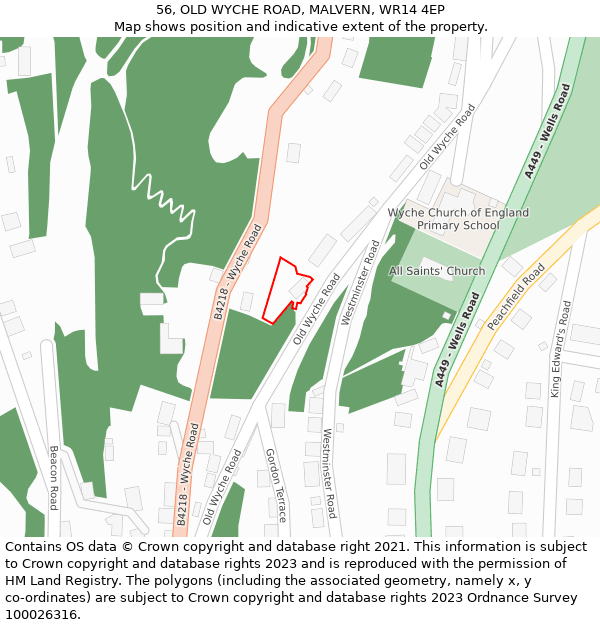 56, OLD WYCHE ROAD, MALVERN, WR14 4EP: Location map and indicative extent of plot
