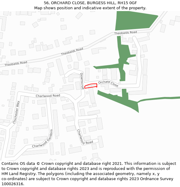 56, ORCHARD CLOSE, BURGESS HILL, RH15 0GF: Location map and indicative extent of plot