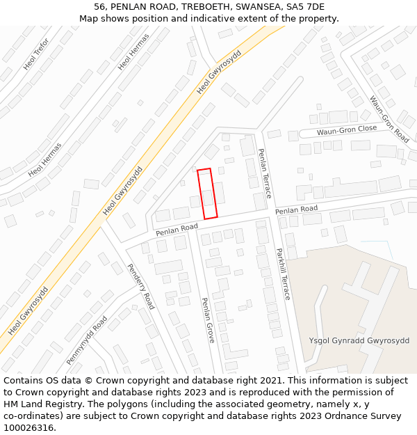 56, PENLAN ROAD, TREBOETH, SWANSEA, SA5 7DE: Location map and indicative extent of plot