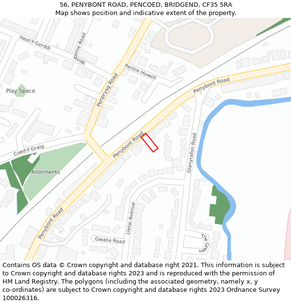 56, PENYBONT ROAD, PENCOED, BRIDGEND, CF35 5RA: Location map and indicative extent of plot