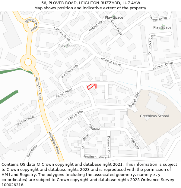 56, PLOVER ROAD, LEIGHTON BUZZARD, LU7 4AW: Location map and indicative extent of plot