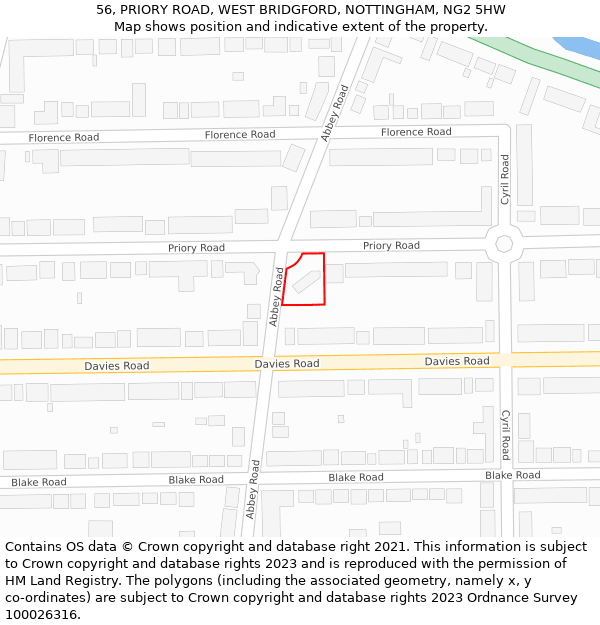 56, PRIORY ROAD, WEST BRIDGFORD, NOTTINGHAM, NG2 5HW: Location map and indicative extent of plot
