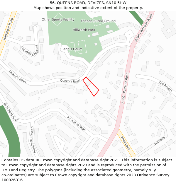 56, QUEENS ROAD, DEVIZES, SN10 5HW: Location map and indicative extent of plot