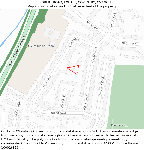 56, ROBERT ROAD, EXHALL, COVENTRY, CV7 9GU: Location map and indicative extent of plot