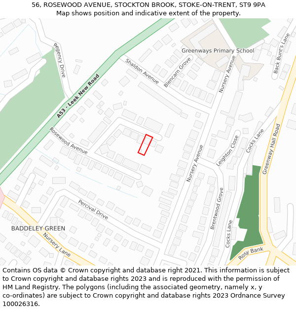 56, ROSEWOOD AVENUE, STOCKTON BROOK, STOKE-ON-TRENT, ST9 9PA: Location map and indicative extent of plot