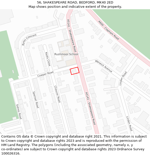 56, SHAKESPEARE ROAD, BEDFORD, MK40 2ED: Location map and indicative extent of plot