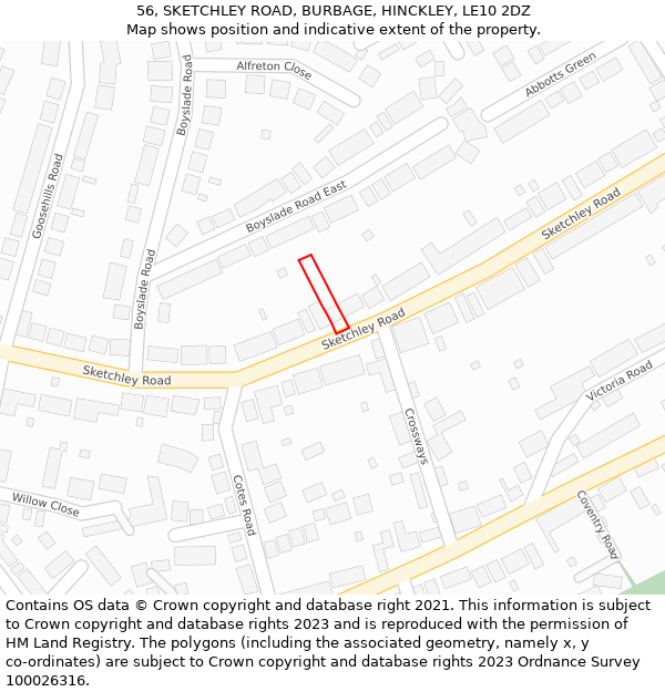 56, SKETCHLEY ROAD, BURBAGE, HINCKLEY, LE10 2DZ: Location map and indicative extent of plot