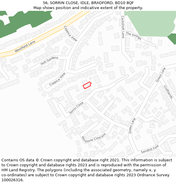 56, SORRIN CLOSE, IDLE, BRADFORD, BD10 8QF: Location map and indicative extent of plot