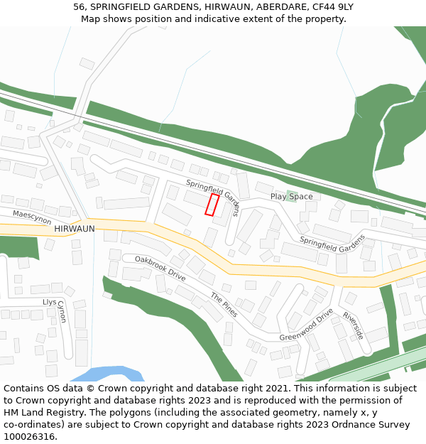 56, SPRINGFIELD GARDENS, HIRWAUN, ABERDARE, CF44 9LY: Location map and indicative extent of plot