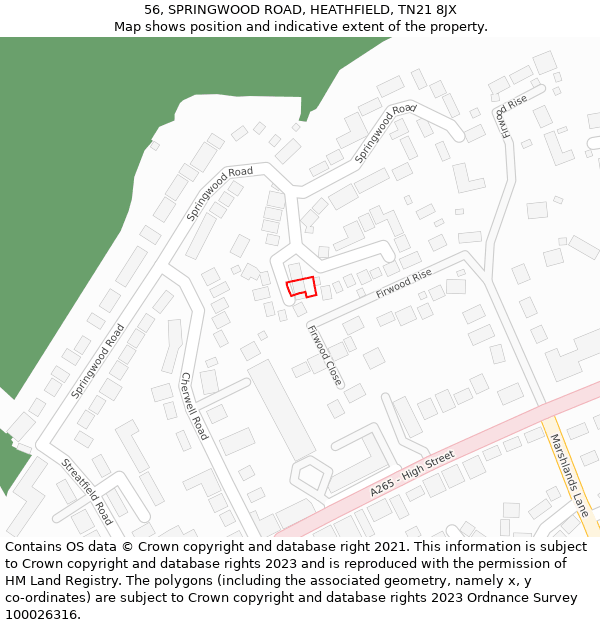 56, SPRINGWOOD ROAD, HEATHFIELD, TN21 8JX: Location map and indicative extent of plot
