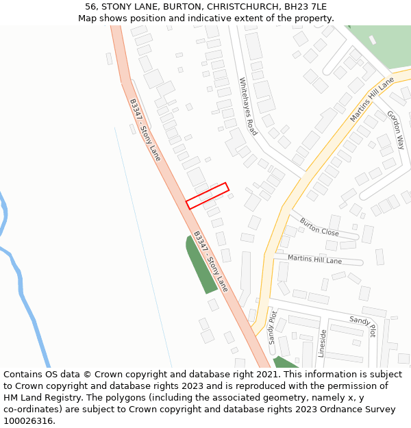 56, STONY LANE, BURTON, CHRISTCHURCH, BH23 7LE: Location map and indicative extent of plot