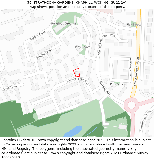 56, STRATHCONA GARDENS, KNAPHILL, WOKING, GU21 2AY: Location map and indicative extent of plot