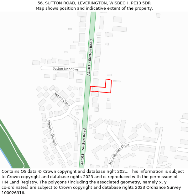 56, SUTTON ROAD, LEVERINGTON, WISBECH, PE13 5DR: Location map and indicative extent of plot